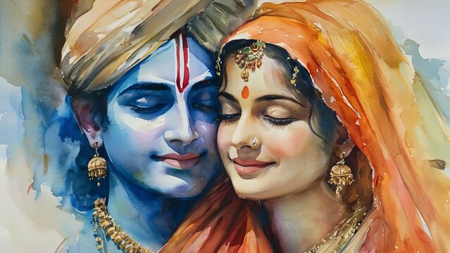 Krishna and Radha portrait symbolizing their love in a beautiful artistic painting style, depicting divine connection and spirituality new beautiful stock image illustration AI