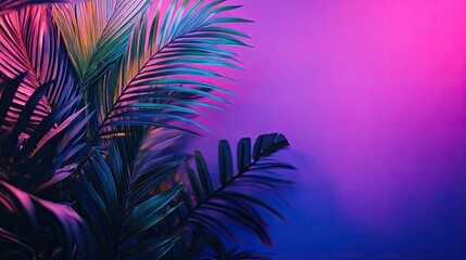 Tropical palm leaves photo in neon light, exotic background.