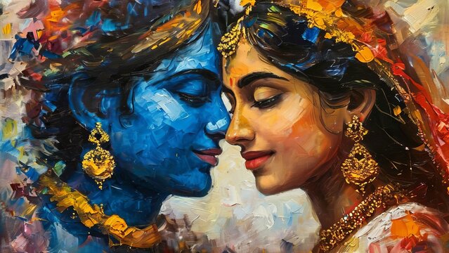 Naklejki Krishna and Radha portrait symbolizing their love in a beautiful artistic painting style, depicting divine connection and spirituality new beautiful stock image illustration AI