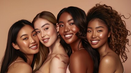 Obraz premium A group of four women of different ethnic backgrounds standing in line against a neutral beige background.