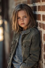 Fototapeta premium Fashion photograph of a stylish 11-year-old boy with grey eyes and dark blonde long hair, posing confidently in an urban setting