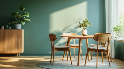 Fototapeta premium Mint-colored chairs around a round wooden dining table in a room with a sofa and cabinet, set against a green wall. The interior design features a Scandinavian, mid-century modern style.
