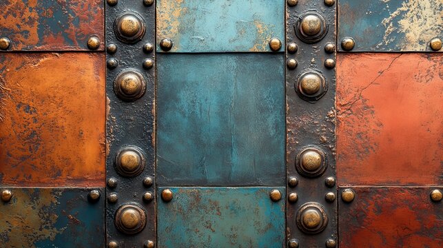 Abstract rusty rough metal surface in old vintage retro style with steampunk and art deco elements, perfect backdrop design, new beautiful stock image illustration AI
