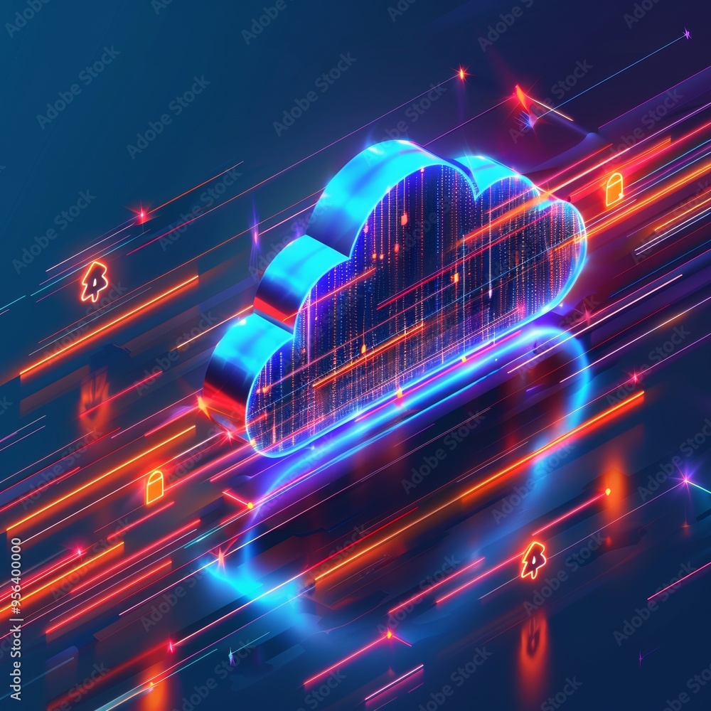 Poster glowing cloud computing with data stream and security icons, abstract technology background.