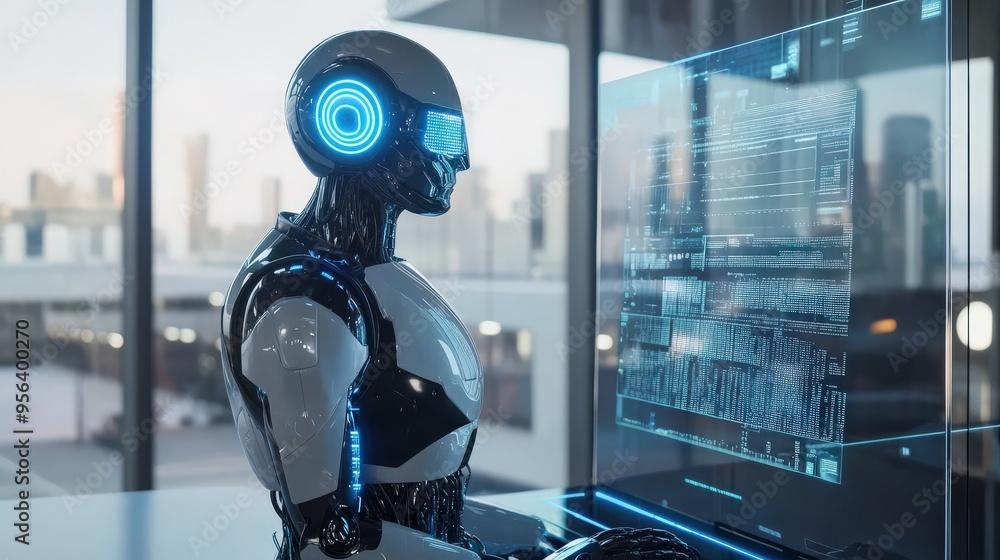 Poster a humanoid robot with glowing blue features analyzes complex data on a transparent computer screen w