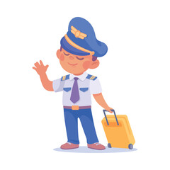 Boy Pilot in Cap with Suitcase as Child Profession Vector Illustration