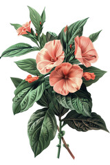 Beautiful illustration of Impatiens flowers with vibrant petals and lush green leaves, ideal for botanical designs, watercolor art, PNG transparent background