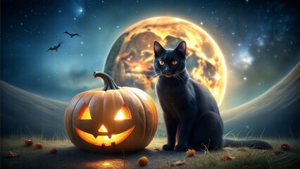 Black Cat with Jack-O'-Lantern Under Full Moon on Halloween Night