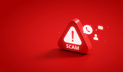 Scam warning fraud security alert crime phishing internet technology danger online cyber virus risk spam 3d digital hacking attack email background malware threat suspicious data notification concept.