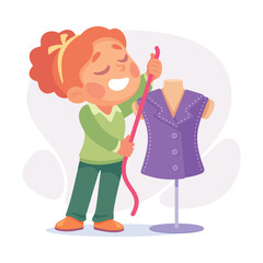 Girl Tailor Dress Making as Child Profession Vector Illustration