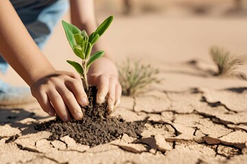 A young person's hands planting a tree seedling on dry, cracked, desert soil. Busy hands working on tree planting to replenish the earth.