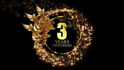 3rd Anniversary Celebration With Decorative Golden Flower Animation.3 Years Anniversary Wigh Glitter Butterfly Particle Motion On Black Background. Luxury 3rd Years Text Animation. Golden Luxury Text 