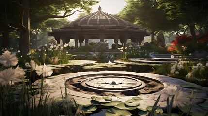 An ornate garden with a meditation cushion set amidst intricate landscaping and sculptures, offering a serene space for reflection.