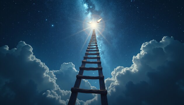 Jacob&rsquo;s dream of a ladder with angels ascending and descending in a star-filled night sky representing a divine connection
