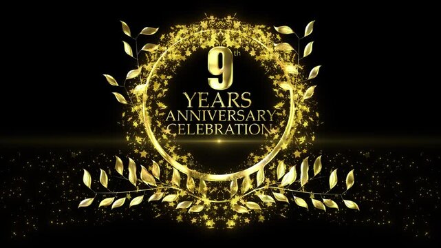 9 Years  Anniversary Celebration With Decorative Golden Flower Animation.9years Anniversary Golden Luxury Text Animation With Floral Elements. Nine Years Text Animation ,nine Years Anniversary Text An