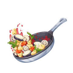 Vegetables, mushrooms and tomato sauce flying into cartoon pan to fry. Tossing food ingredients in skillet. Cooking master class mascot, cartoon vegetarian dish in hot pan vector illustration