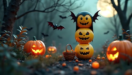 a spooky 3D Halloween scene featuring three glossy,Halloween-themed expression: