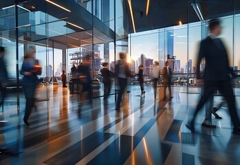 A blur effect of people walking past each other in an office at a very busy time. 