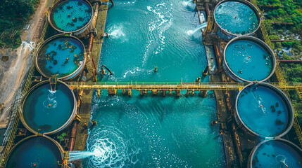 Water treatment plant showing sedimentation tanks for decontamination process