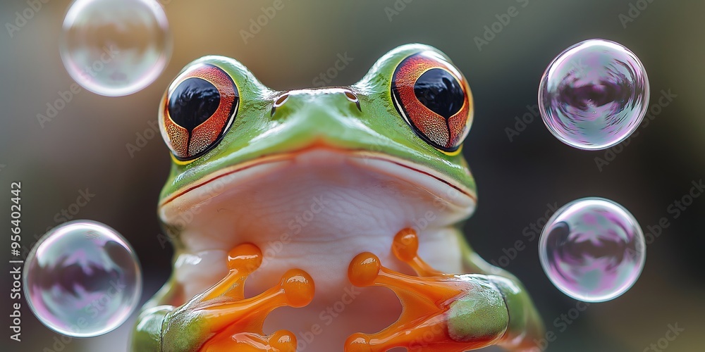 Wall mural a frog with red eyes is looking at the camera. the bubbles surrounding the frog are pink and purple