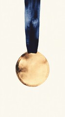 Fototapeta premium Watercolor painting of gold medal with blue ribbon soft pastel colors gentle and artistic style light blue and gold palette soft shadows and highlights ideal for creative award presentations art compe
