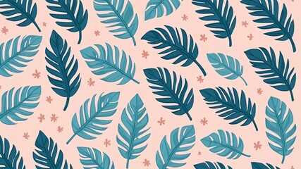 Fototapeta premium A repeating pattern of teal tropical leaves with small coral flowers on a pastel pink background.