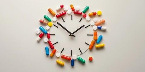 A colorful clock with pills on it shows the time as 10:30. The pills are scattered around the clock, with some of them being red, blue, and yellow. Concept of chaos and disorder