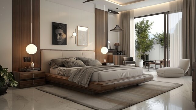 Minimalist Elegance. Contemporary bedroom with sleek furniture, neutral colors, and modern decor concept