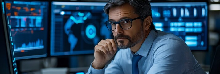Focused IT Engineer Monitoring Analytics on Multiple Screens in System Control Center.