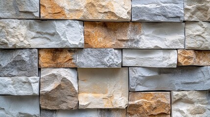 Textured wall made of natural stone in neutral colors and various shapes