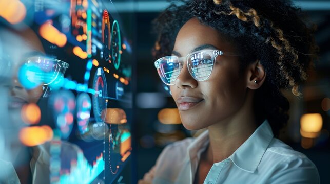 Businesswoman Analyzing Data on a Transparent Digital Dashboard in a Futuristic Office - Powered by Adobe