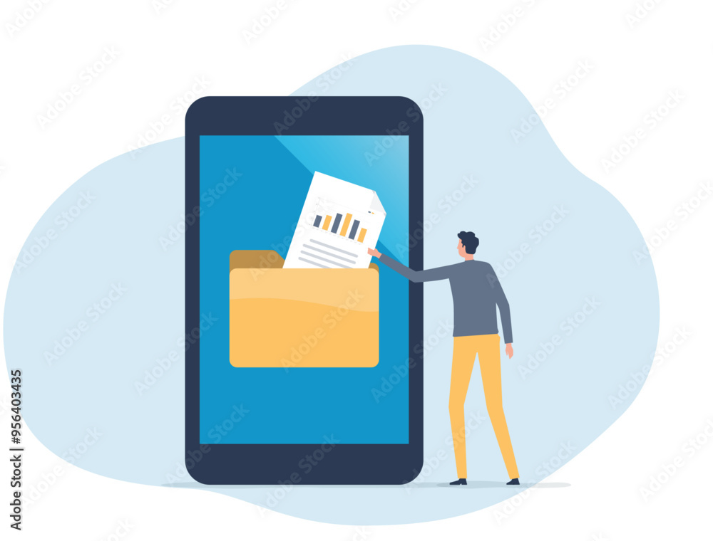 Poster business people upload documents on mobile phones. technology online storage server. cloud computing