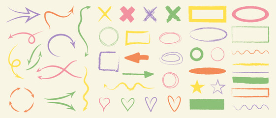 Vector set of hand-drawn chalk elements. Doodle arrows, circles, rectangles, stars. Grunge chalk crayon scribbles. Vector illustration.
