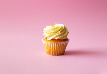 Cupcake on pink background. Dessert. Cooking. Baking. Vegetarian food.