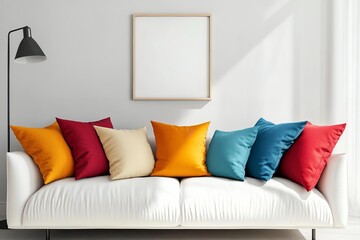 Modern living room with Scandinavian interior design, featuring a white sofa adorned with colorful, vibrant pillows, set against a wall with an art poster frame.