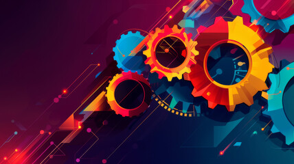 Fototapeta premium Abstract techno gear background with geometric colorful gear wheels. Space for gear text. Vector gears modern mechanism industrial . Technology gears