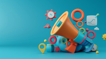 Vibrant  megaphone various marketing buzzwords like SEO social media  public relations Concept Marketing Trends