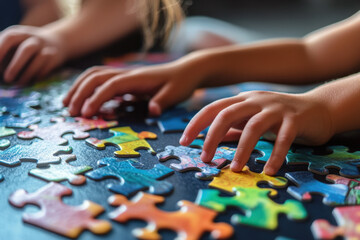 Fototapeta premium Kids are engaging in a puzzle-solving activity, enhancing their cognitive abilities and having fun