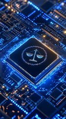 A chip with the logo of justice on it,  placed in an electronic circuit board