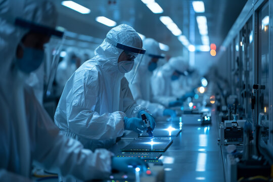 clean room in a semiconductor lab with engineers in protective suits using laserguided machinery to create microchips