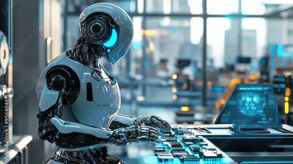 Poster the futuristic robot is engaged in data input at a sleek workstation, surrounded by cutting-edge tec