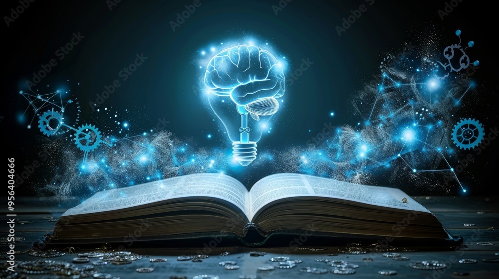 Poster open book with glowing light bulb shaped like a brain and futuristic digital network connection