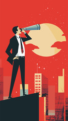 Visionary Business Leader Using Telescope, Looking for New Opportunities and Strategies to Achieve Goals and Grow Company