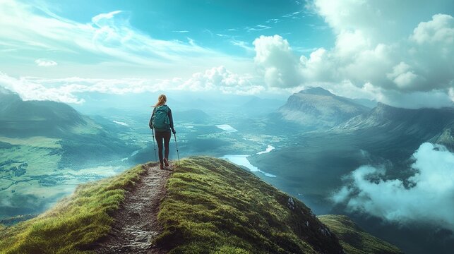 woman hiking up a mountain trail, the vast landscape extending below her, clouds floating in the sky