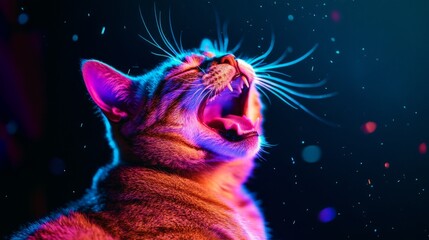 Colorful neon light effect on a cat stretching and yawning against a dark background, with flying sparks and glow effects. This is a commercial pet photography image.