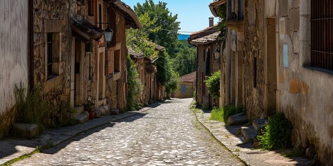 Obraz premium A cobblestone street winds through a quaint, historic village lined with charming rustic houses and greenery under the bright blue sky, evoking timelessness and nostalgia.