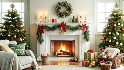 Charming Christmas living room with warm fireplace and beautifully decorated trees
