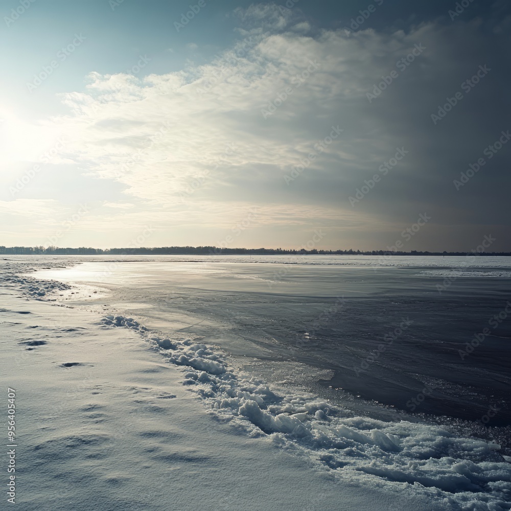 Canvas Prints A snowy landscape with a frozen lake and a cloudy sky.