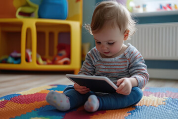 Baby sitting on a colorful playmat on the floor, fully absorbed in playing with a tablet in a brightly decorated playroom