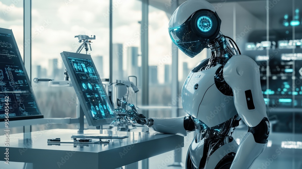 Poster a humanoid robot engages with advanced technology at a workstation, analyzing data on digital screen